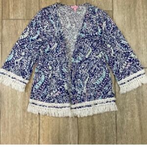Lilly Pulitzer Blue and Pink Paisley Grotto Fringe Kimono Size S